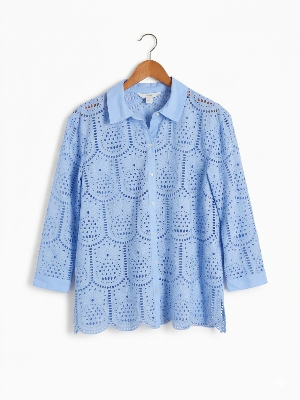 Lilly Pulitzer Gracee Tunic Shirt Blue Cotton Pineapple Tile Eyelet Scallop Sz L